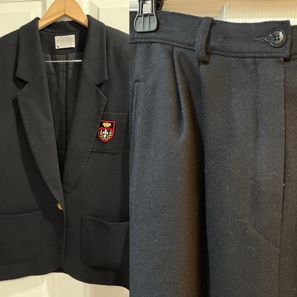 Pendleton Black Suit Pleated Front skirt Crown Crest on Blazer Front Slit